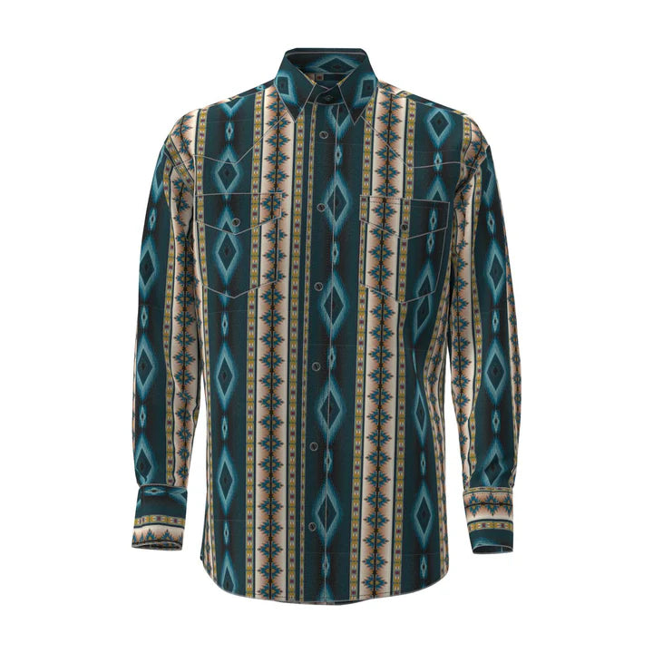 Wrangler Men's Checotah Western Long Sleeve Dress Shirt - Teal Multi