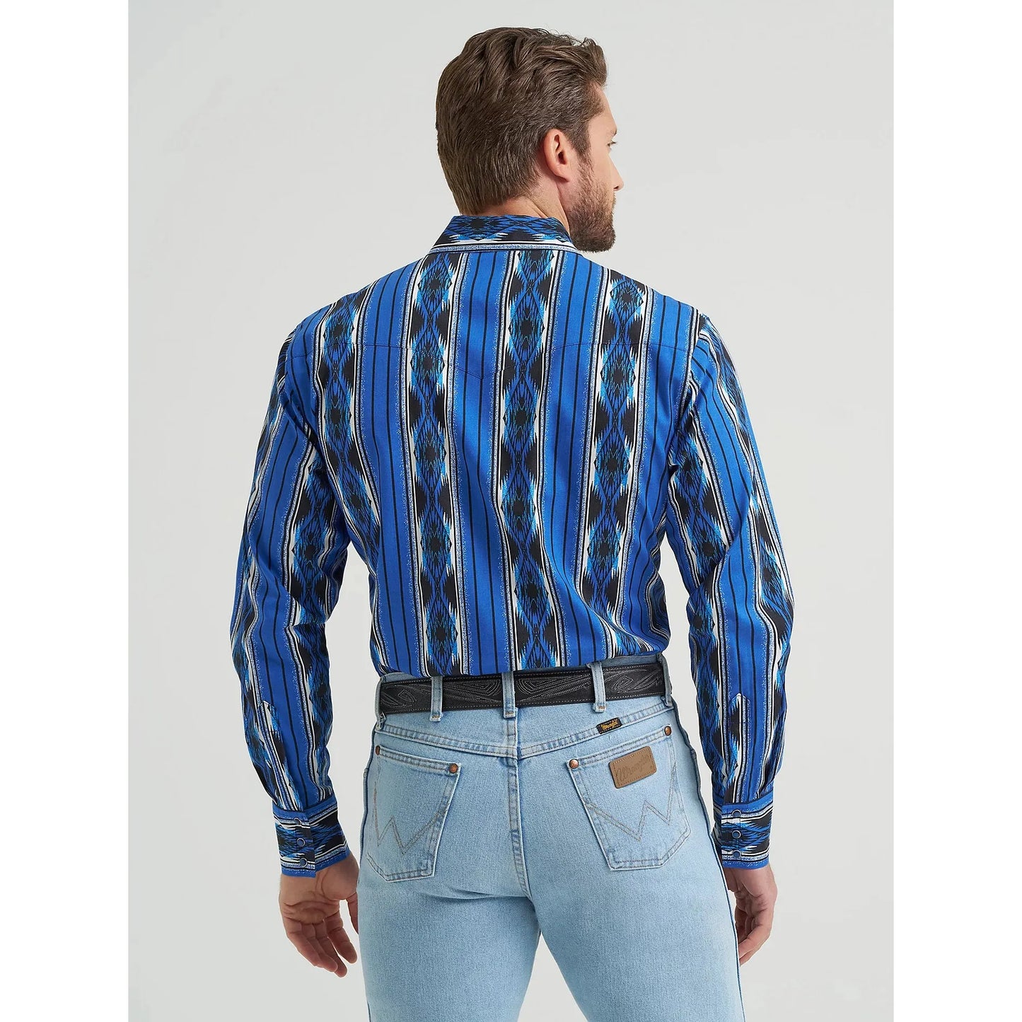 Wrangler Men's Checotah Western Snap Printed Long Sleeve Dress Shirt - Bold Blue