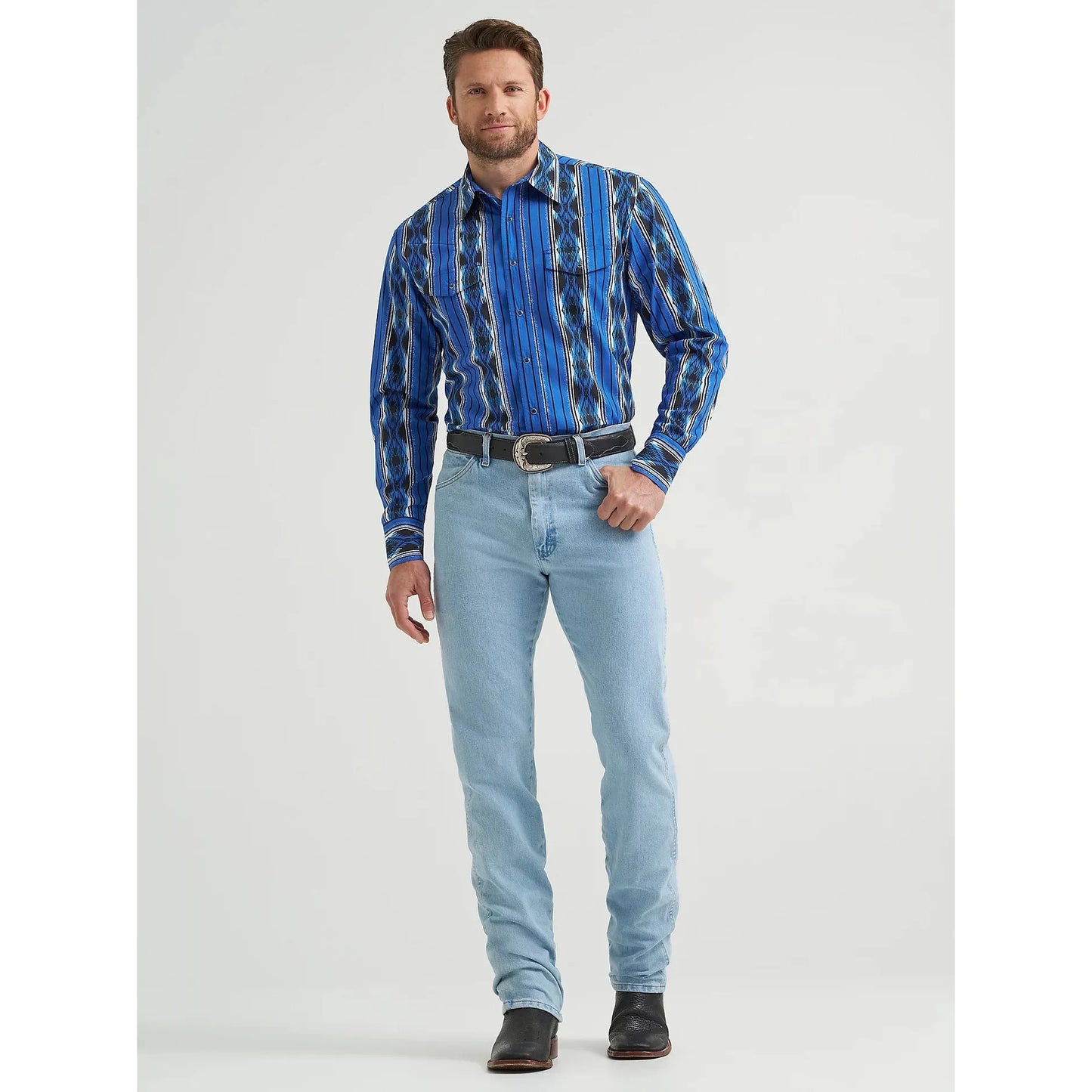 Wrangler Men's Checotah Western Snap Printed Long Sleeve Dress Shirt - Bold Blue