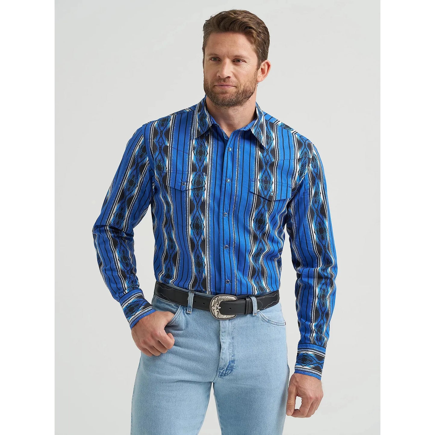 Wrangler Men's Checotah Western Snap Printed Long Sleeve Dress Shirt - Bold Blue