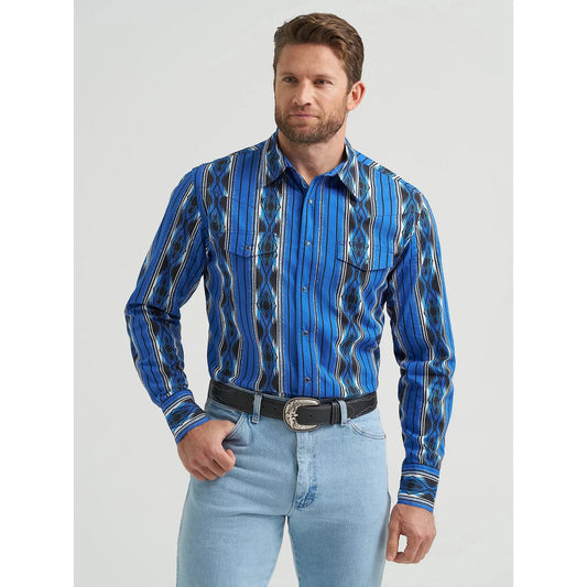 Wrangler Men's Checotah Western Snap Printed Long Sleeve Dress Shirt - Bold Blue