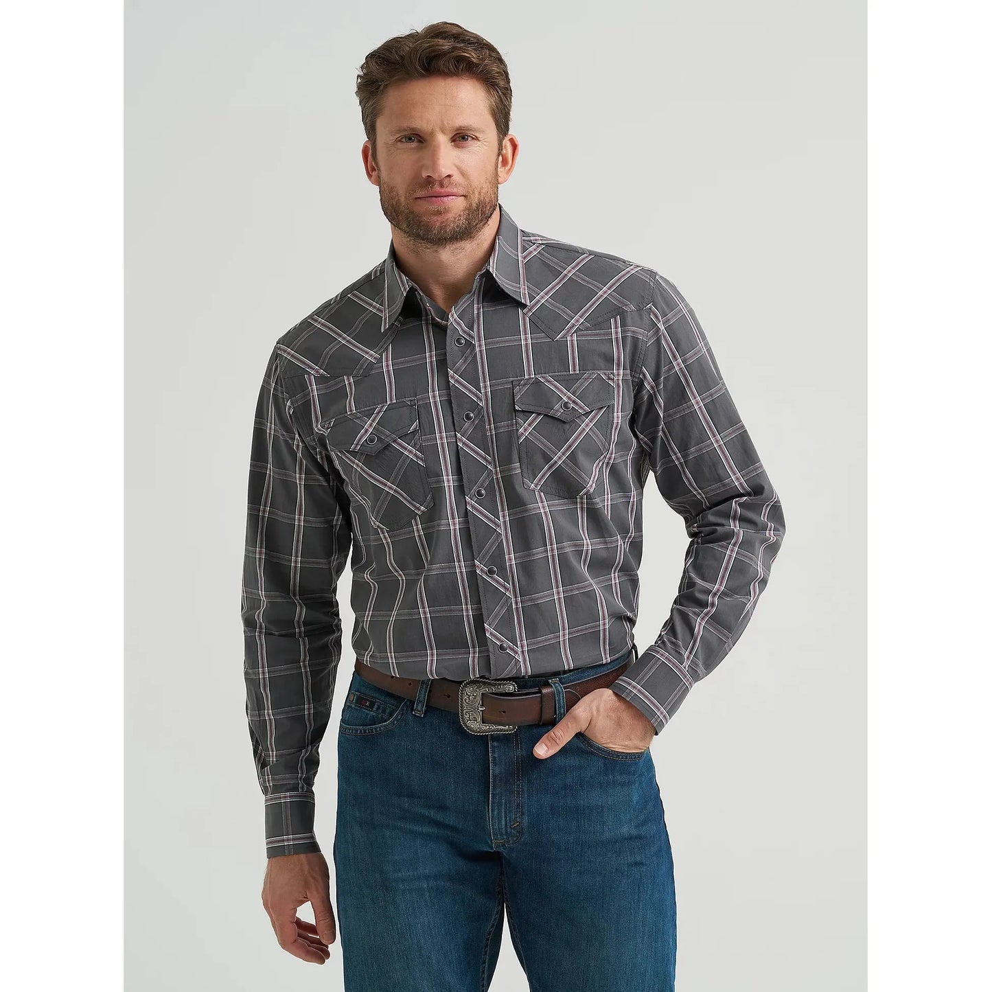 Wrangler Men's Competition Advanced Western Long Sleeve Shirt - Plaid Shadow
