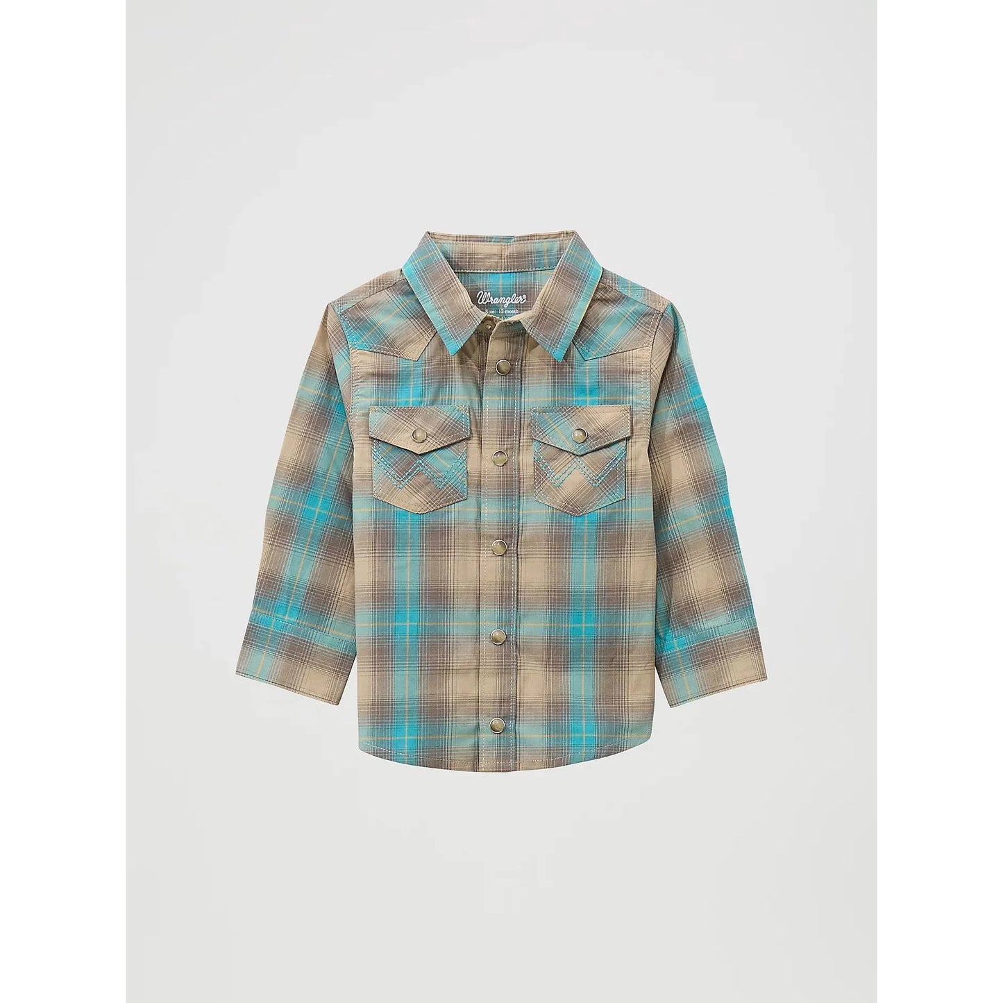 Wrangler Little Boys Long Sleeve Plaid Western Snap Shirt - Tan Aqua