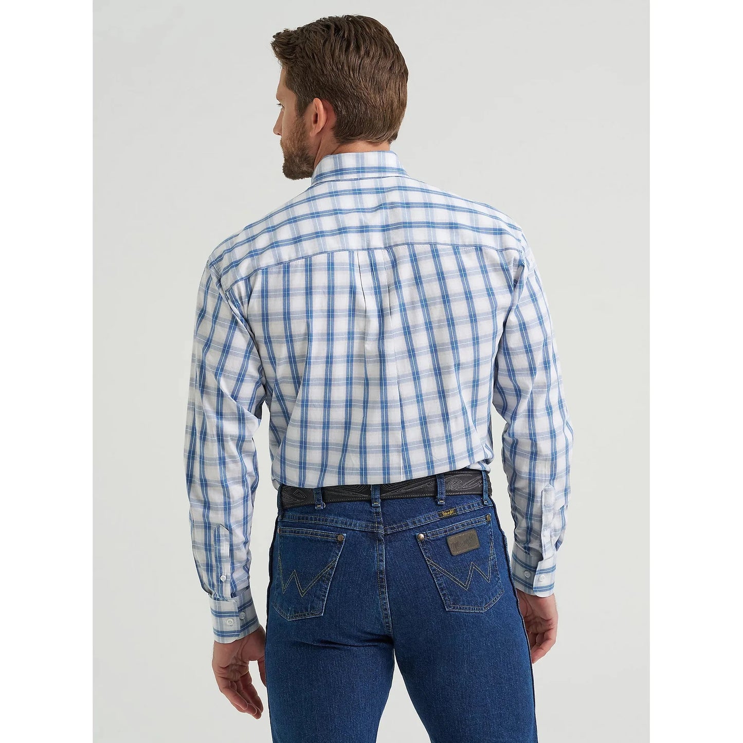 Wrangler Men's George Strait Long Sleeve Button Down Shirt - Navy Blue Plaid