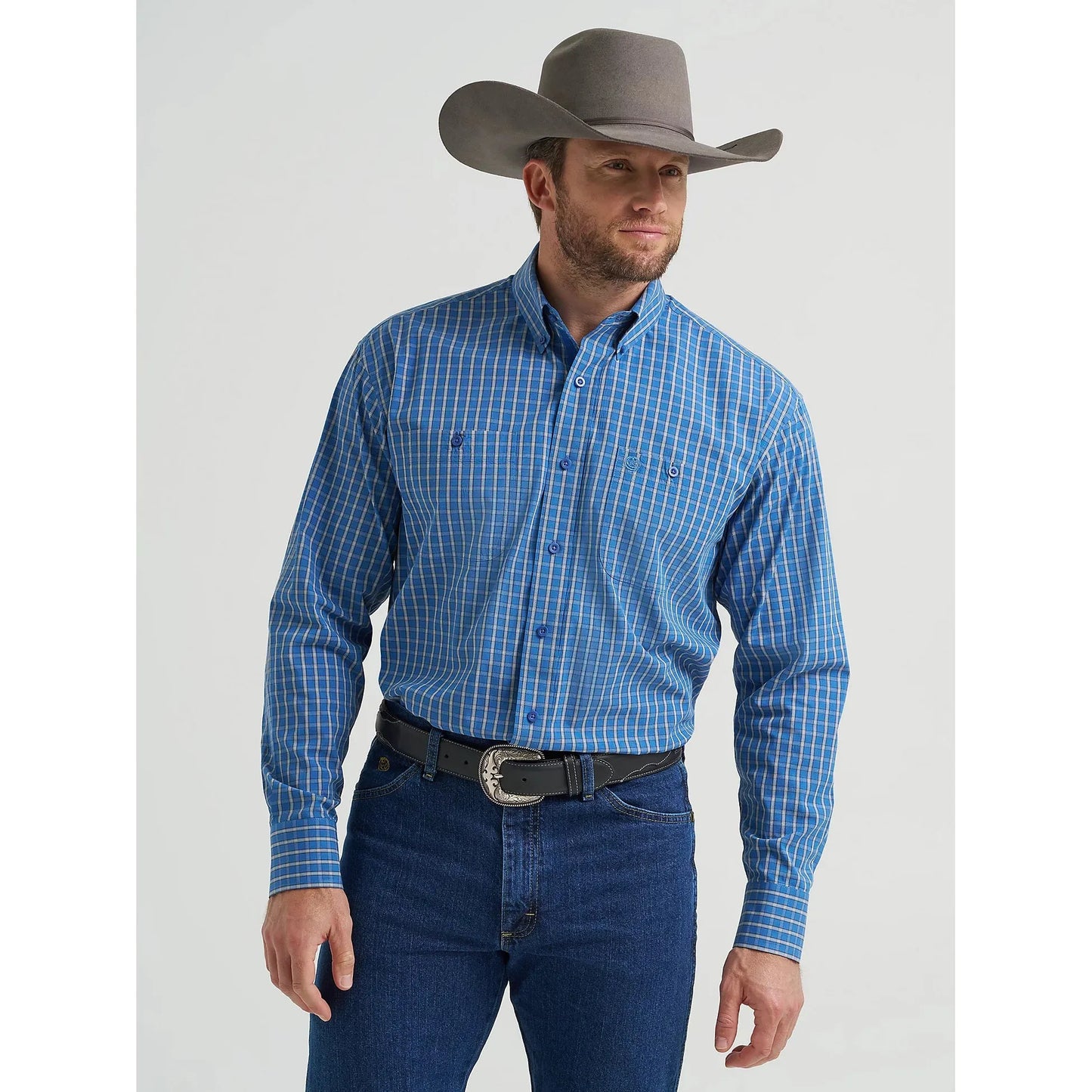 Wrangler Men's George Strait Long Sleeve Button Down Shirt - Cerulean Plaid