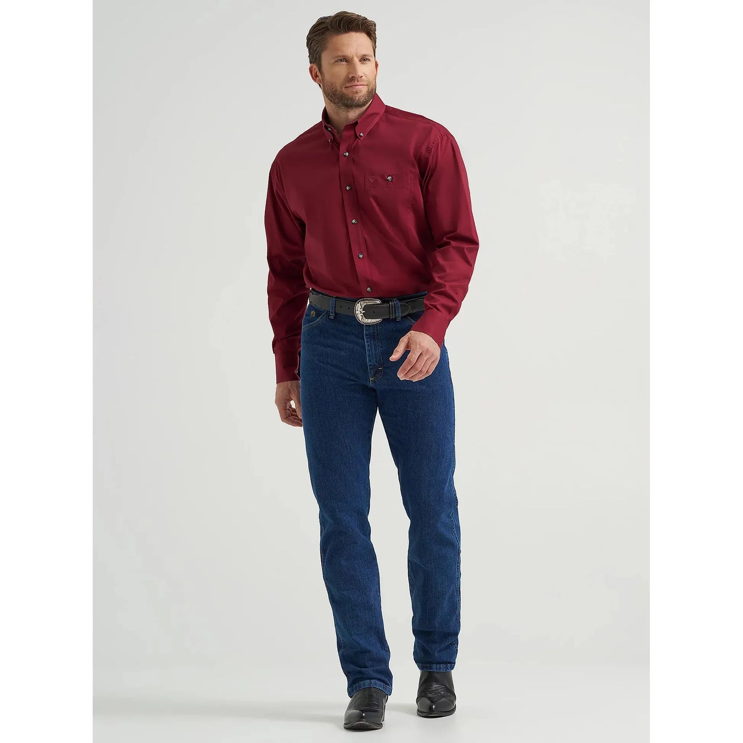 Wrangler Men's George Strait Long Sleeve Solid Button Down Shirt - Burgundy Wine