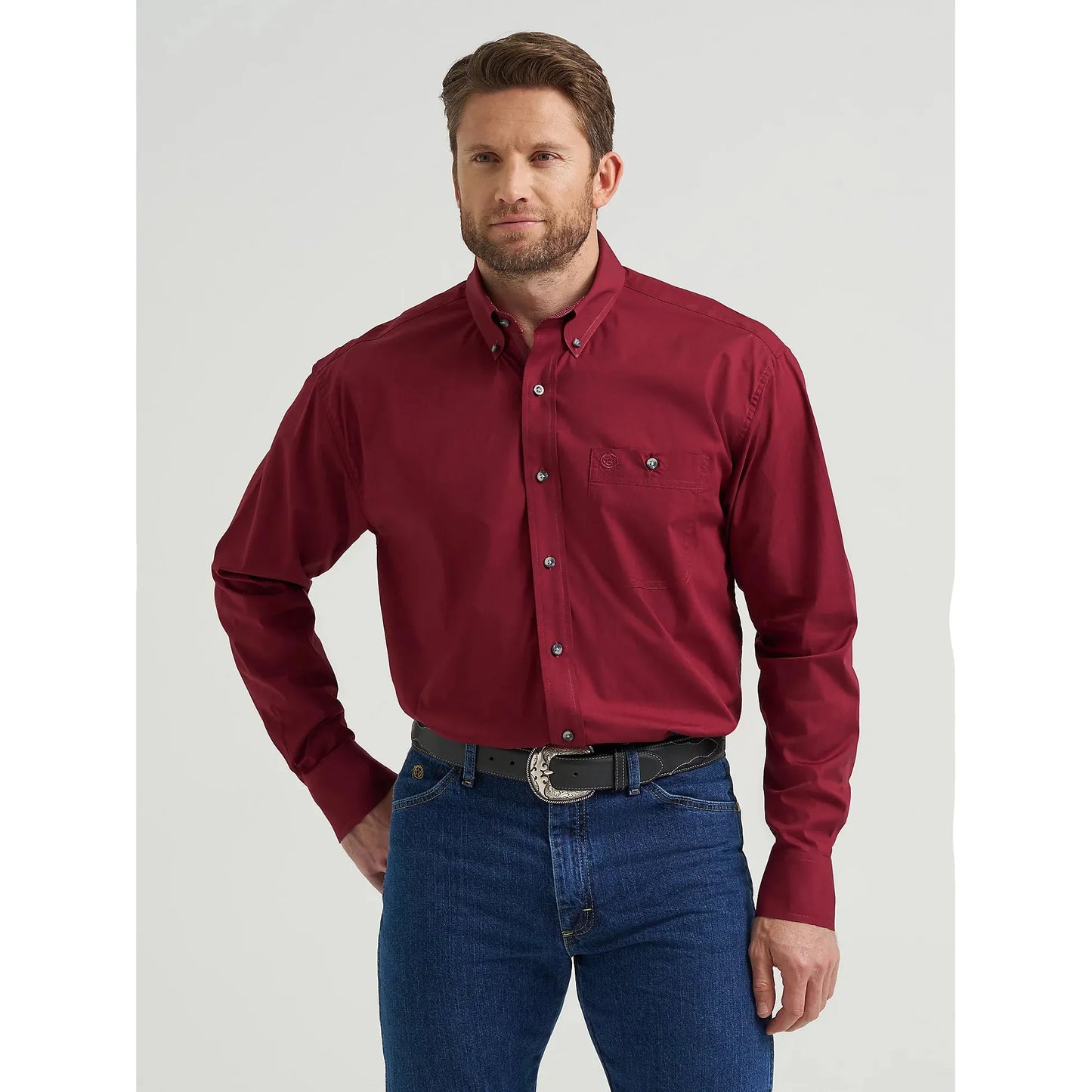 Wrangler Men's George Strait Long Sleeve Solid Button Down Shirt - Burgundy Wine