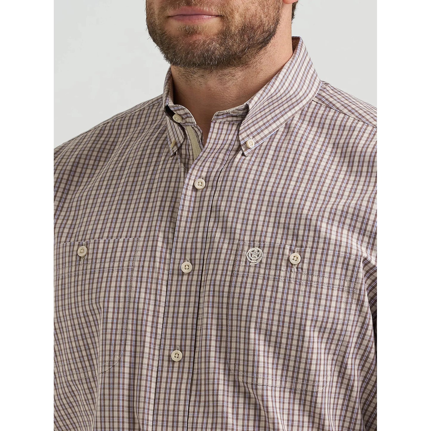 Wrangler Men's George Strait Long Sleeve Button Down Two Pocket Shirt - Purple Tan Plaid