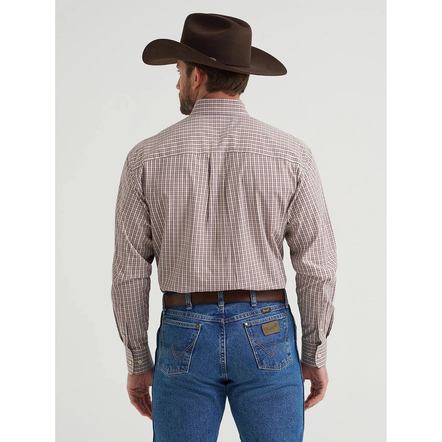 Wrangler Men's George Strait Long Sleeve Button Down Two Pocket Shirt - Purple Tan Plaid