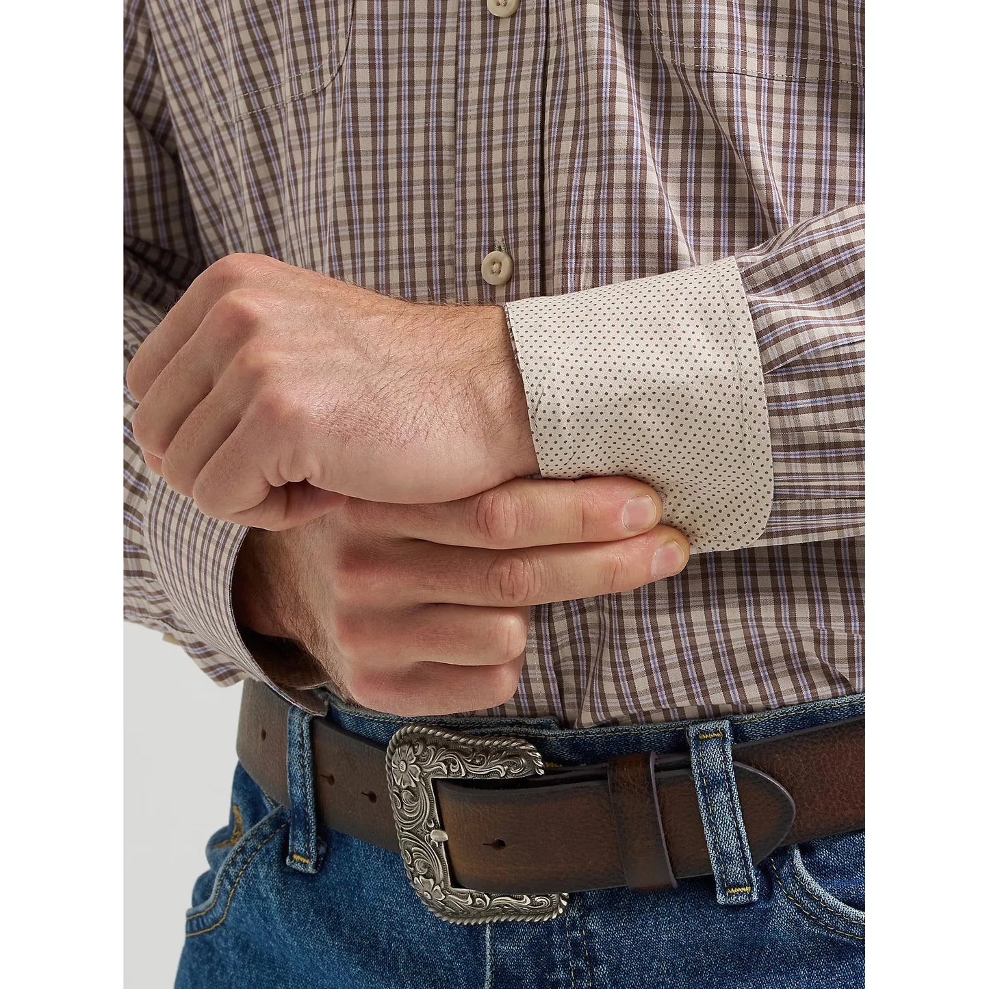 Wrangler Men's George Strait Long Sleeve Button Down Two Pocket Shirt - Purple Tan Plaid