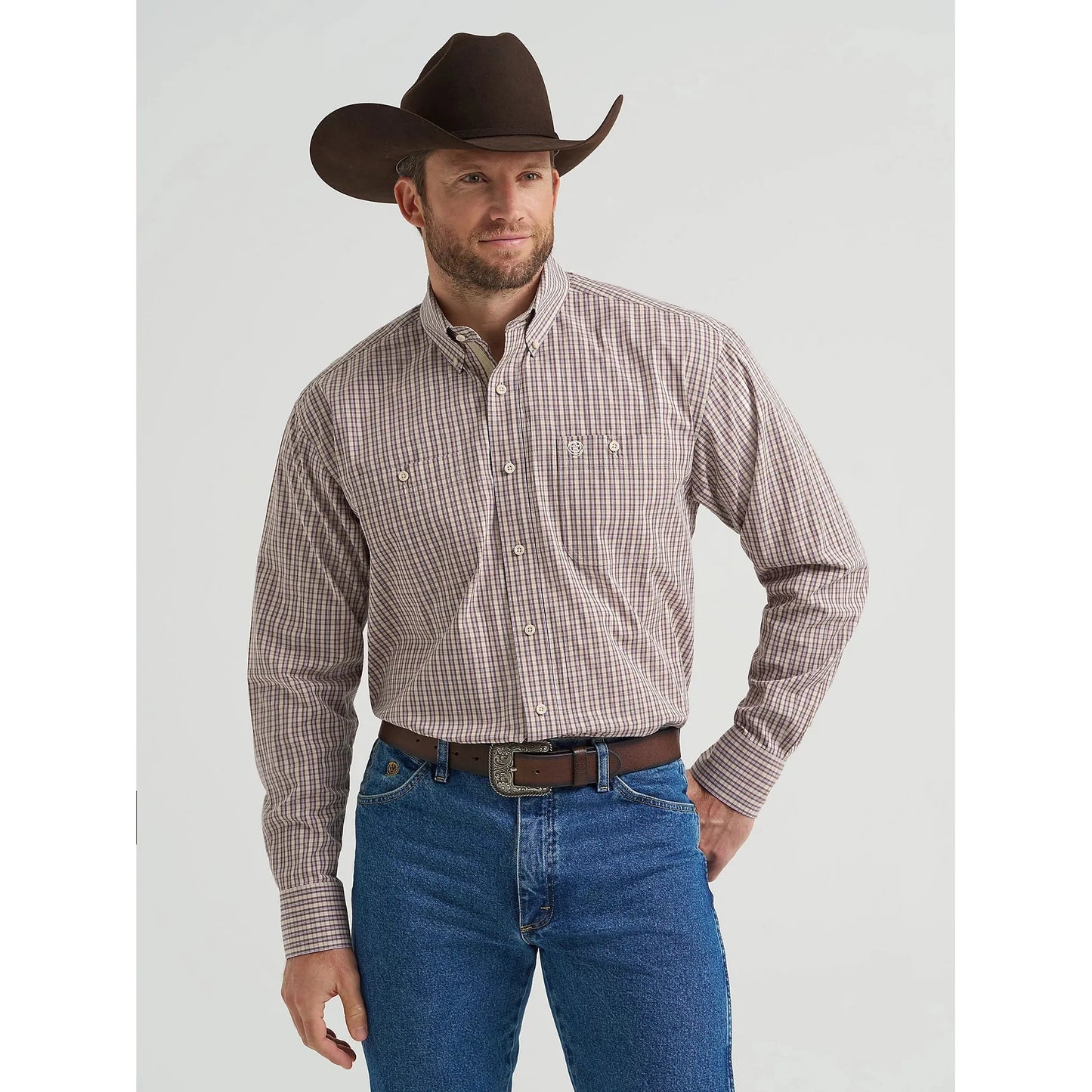 Wrangler Men's George Strait Long Sleeve Button Down Two Pocket Shirt - Purple Tan Plaid