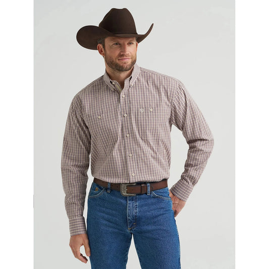 Wrangler Men's George Strait Long Sleeve Button Down Two Pocket Shirt - Purple Tan Plaid