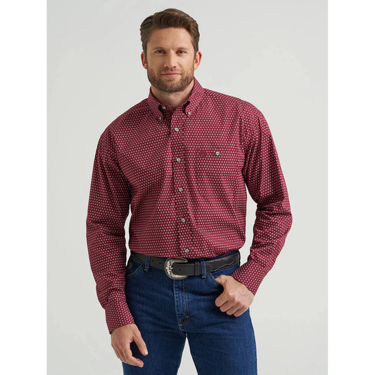 Wrangler Men's George Strait Long Sleeve One Pocket Button Down Shirt - Burgundy Dot