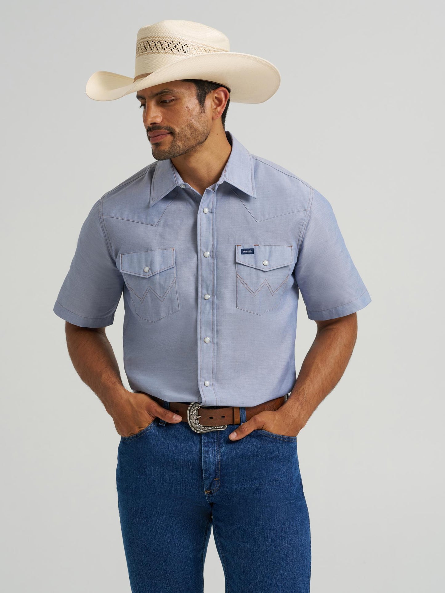 Wrangler Men's Western Chambray Short Sleeve Work Shirt - Chambray