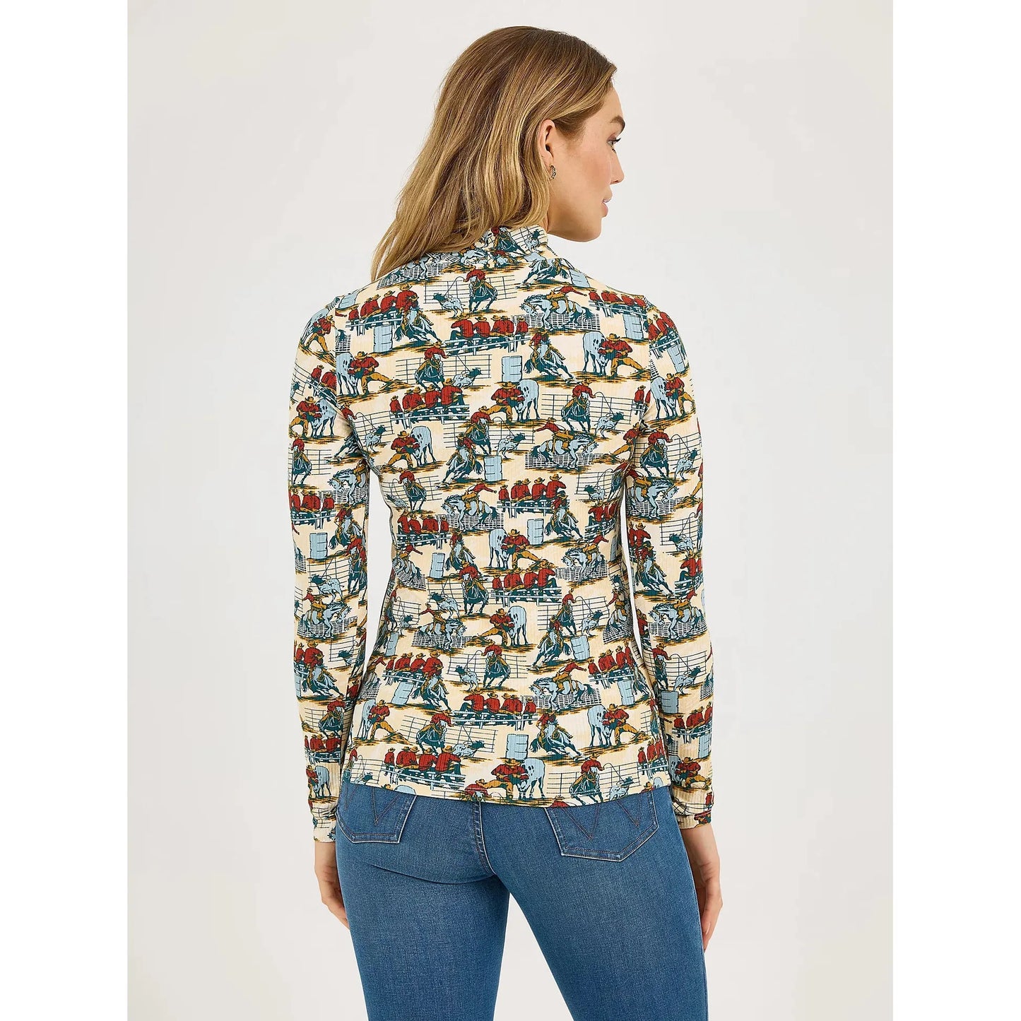 Wrangler Women's Long Sleeve Western Print Mock Neck Tee Shirt - Blue