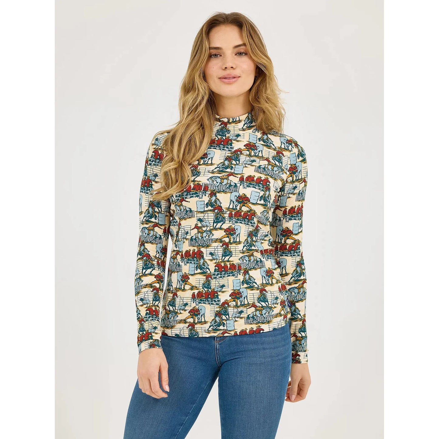 Wrangler Women's Long Sleeve Western Print Mock Neck Tee Shirt - Blue