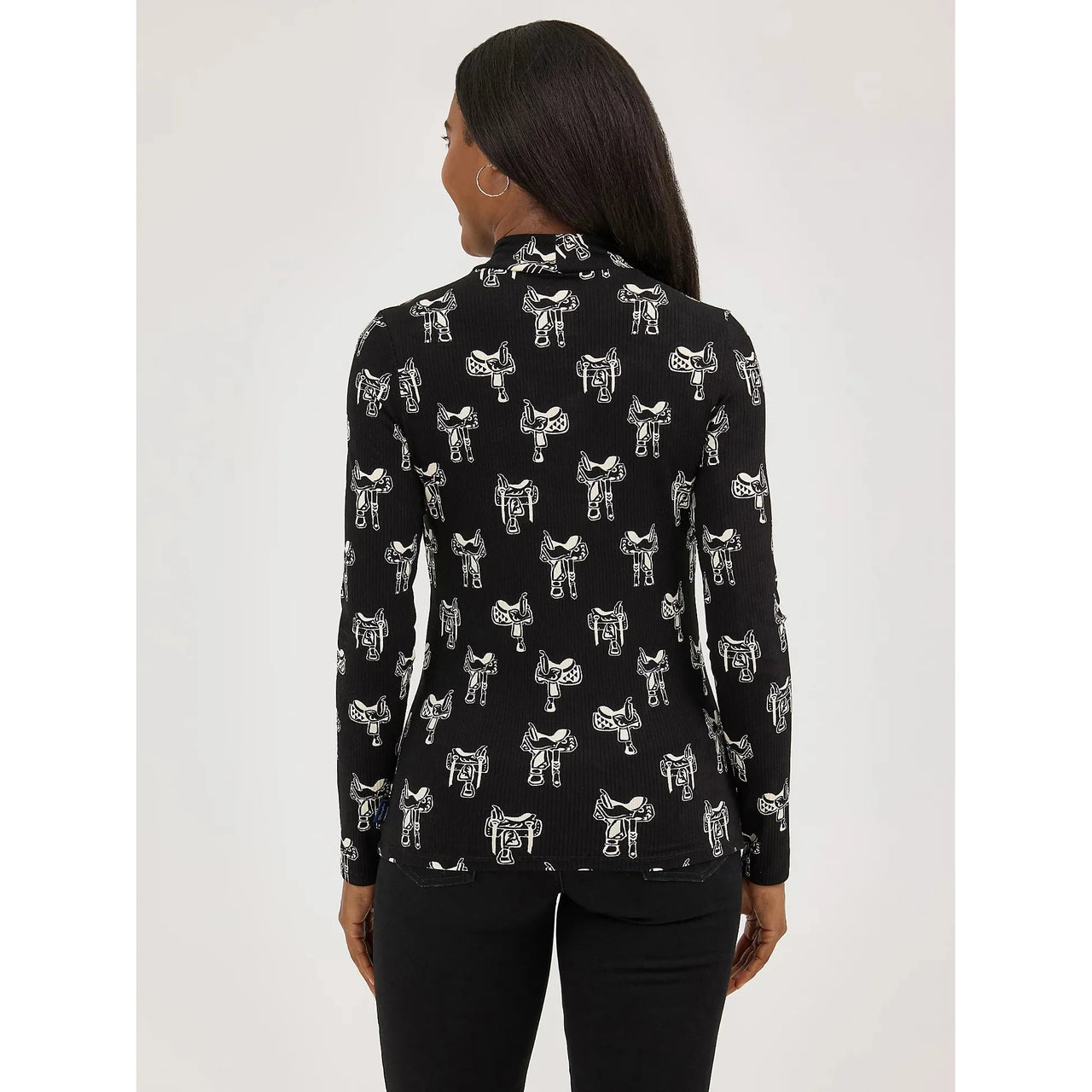 Wrangler Women's Long Sleeve Western Print Mock Neck Tee Shirt - Black