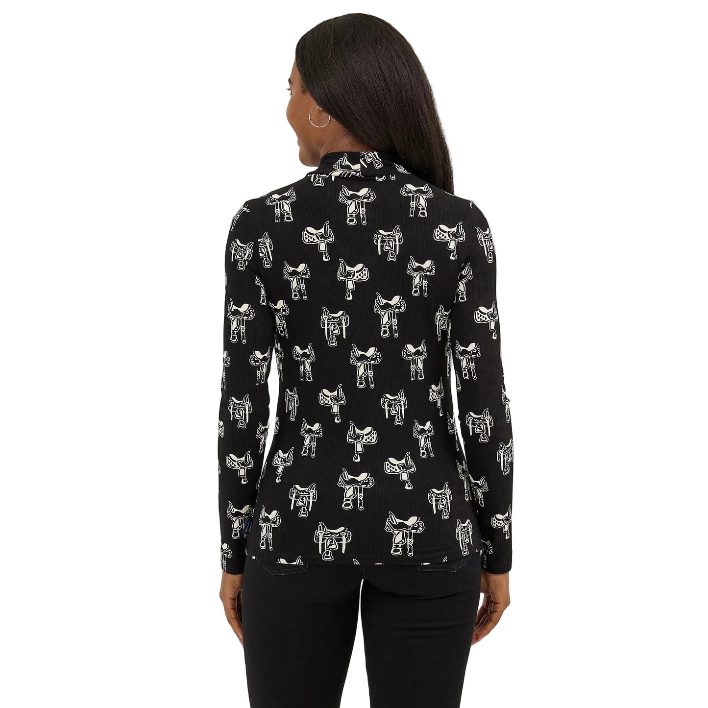 Wrangler Women's Long Sleeve Western Print Mock Neck Tee Shirt - Black
