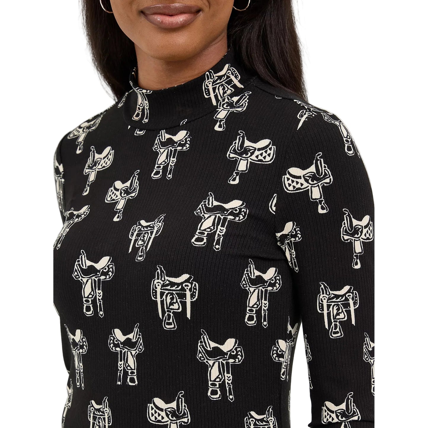 Wrangler Women's Long Sleeve Western Print Mock Neck Tee Shirt - Black