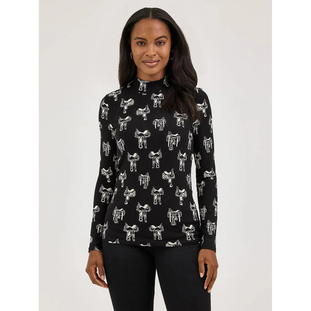 Wrangler Women's Long Sleeve Western Print Mock Neck Tee Shirt - Black