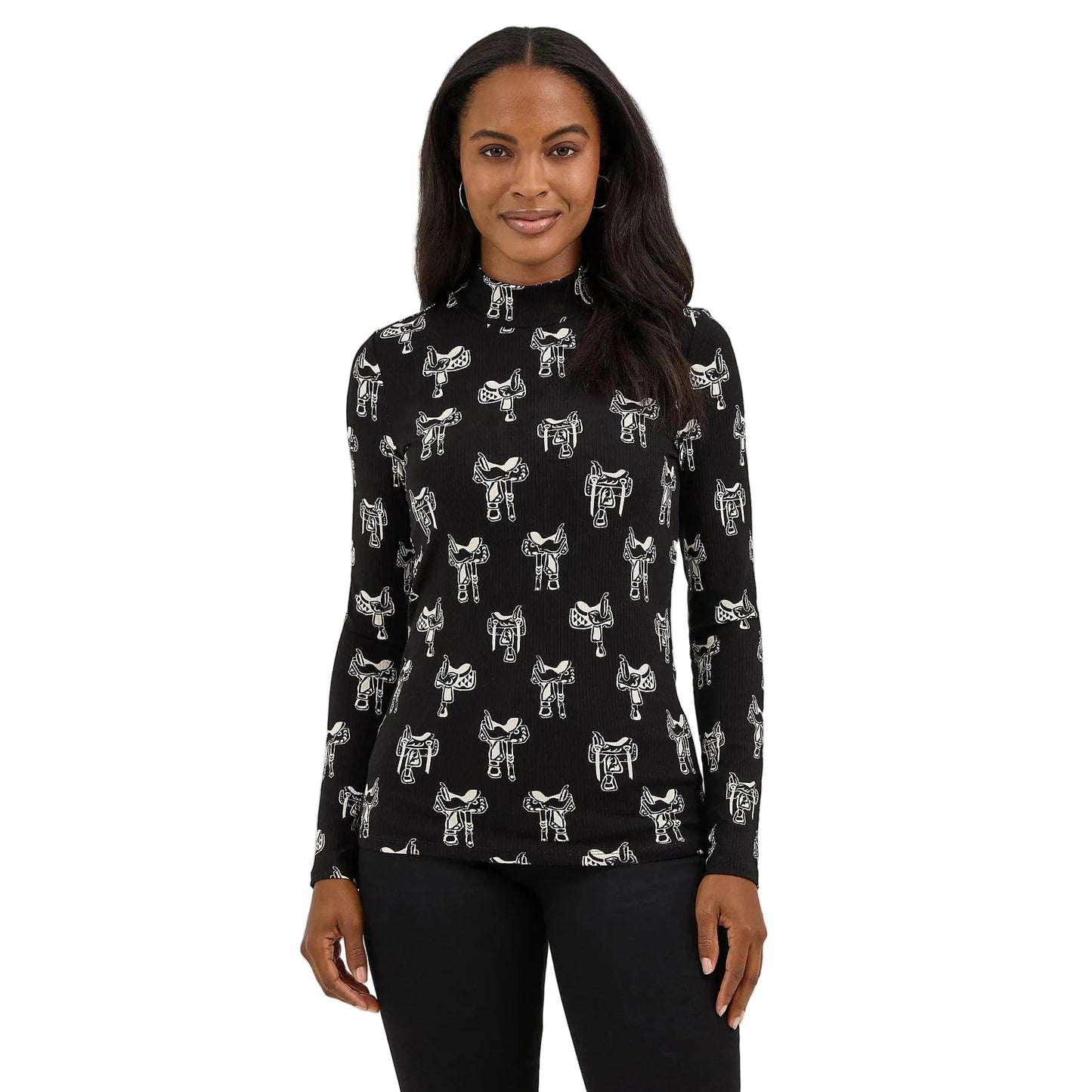 Wrangler Women's Long Sleeve Western Print Mock Neck Tee Shirt - Black