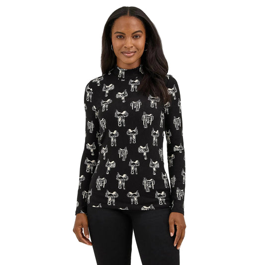 Wrangler Women's Long Sleeve Western Print Mock Neck Tee Shirt - Black