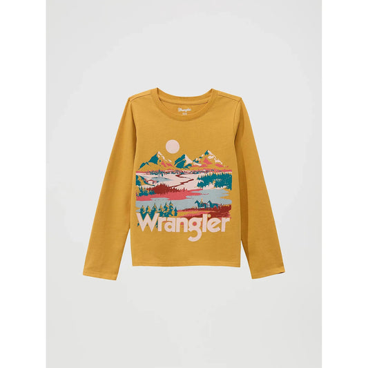 Wrangler Western Girl's Long Sleeve Western Graphic Tee- Mustard Mountains