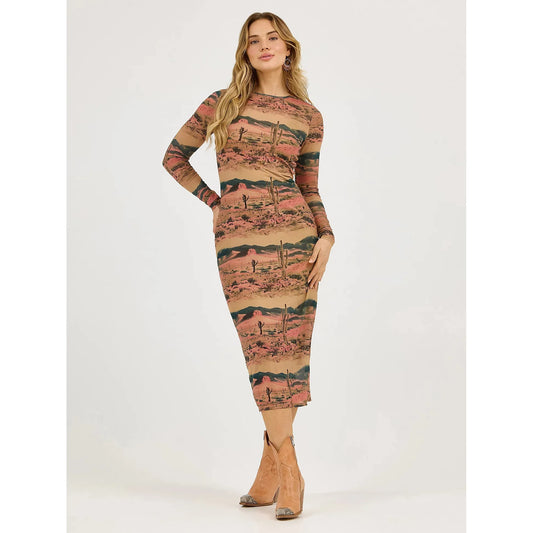 Wrangler Women's Desert Print Mesh Maxi Dress - Desert Tan