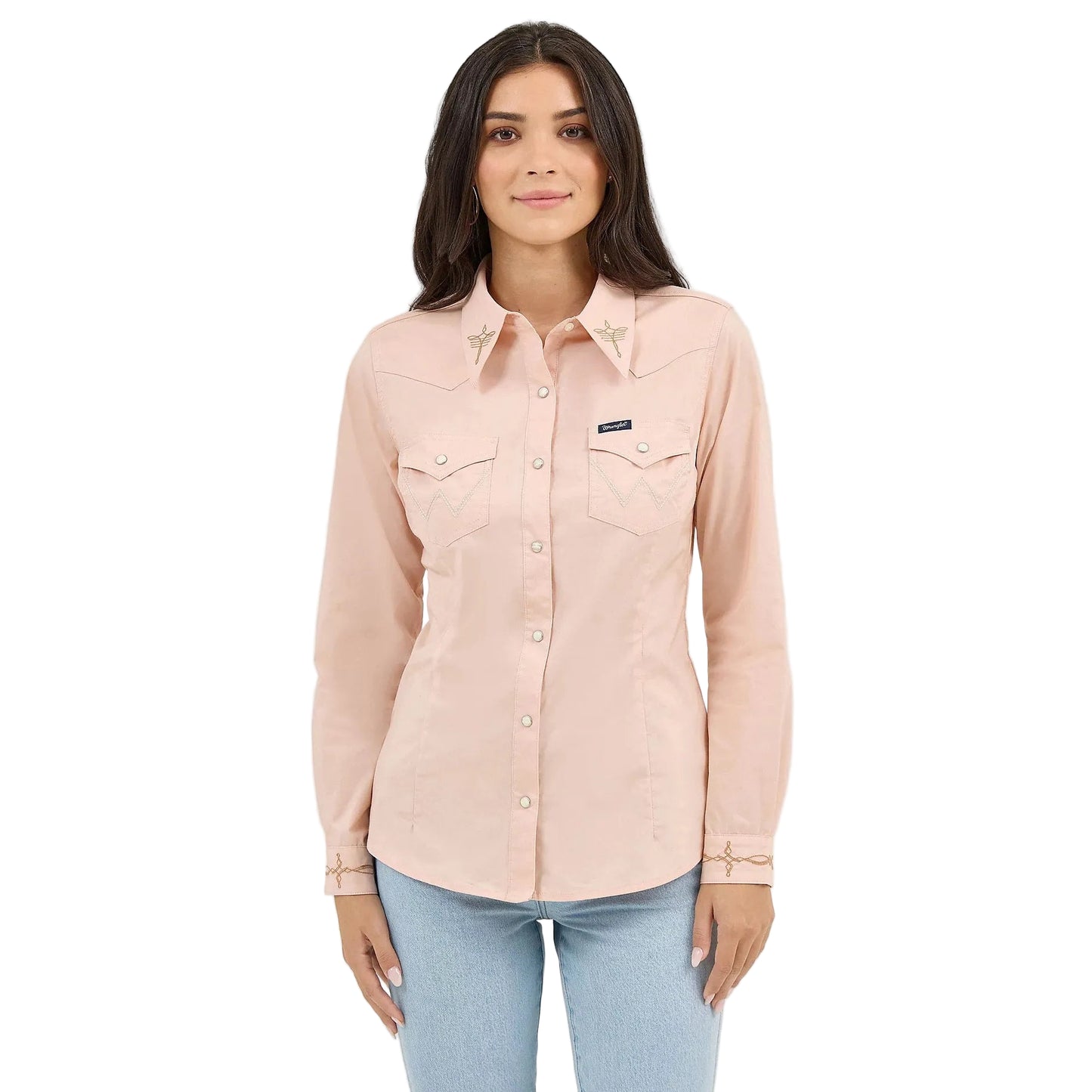 Wrangler Women's Embroidered Collar Slim Western Snap Long Sleeve Shirt - Pink