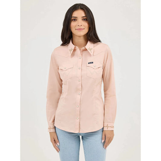 Wrangler Women's Embroidered Collar Slim Western Snap Long Sleeve Shirt - Pink