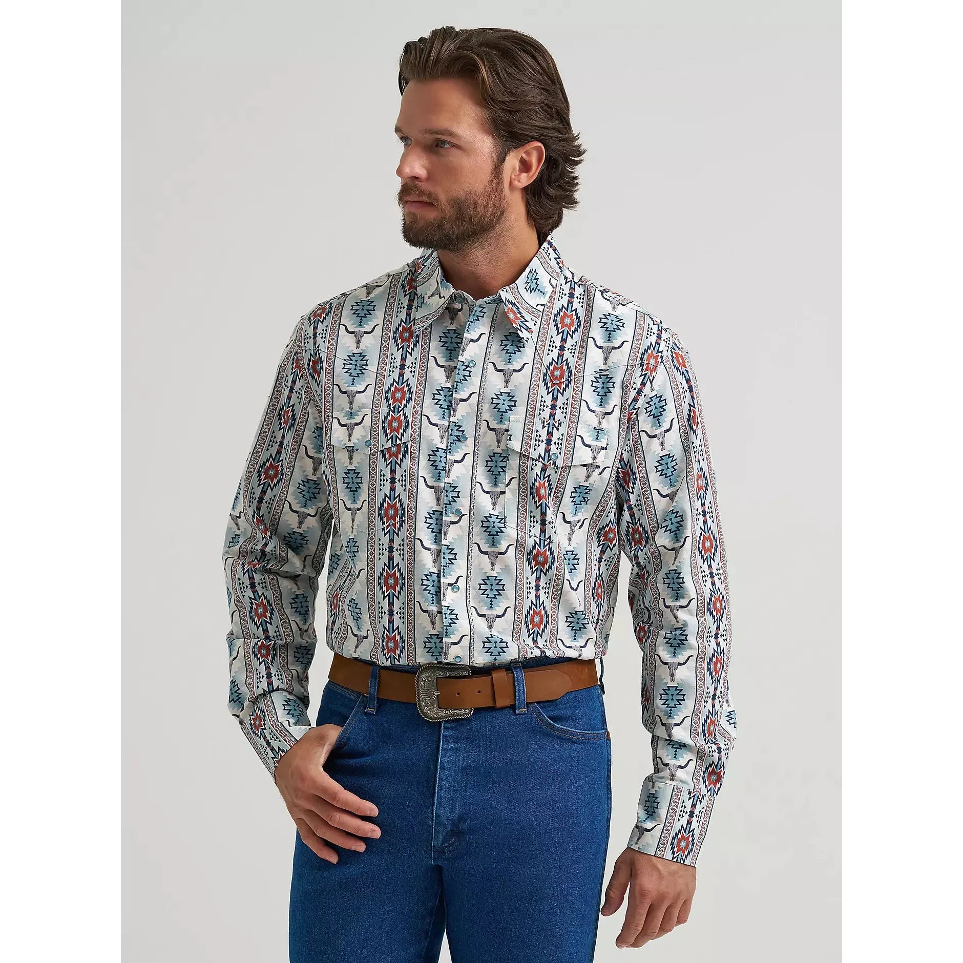 Wrangler Men's Checotah Long Sleeve Western Snap Printed Shirt - Grey Steerhead - Irvine Tack & Western Wear