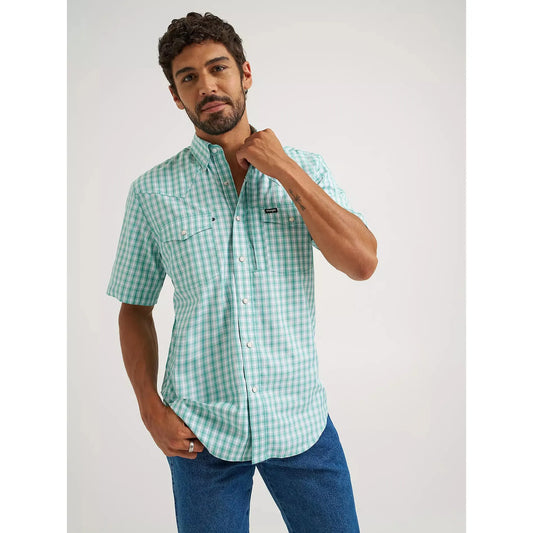 Wrangler Men's All Terrain Gear Short Sleeve Plaid  Performance Shirt- Turquoise