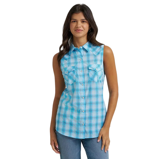 Wrangler® Women's Essential Sleeveless Plaid Western Snap Shirt - Pool Blue