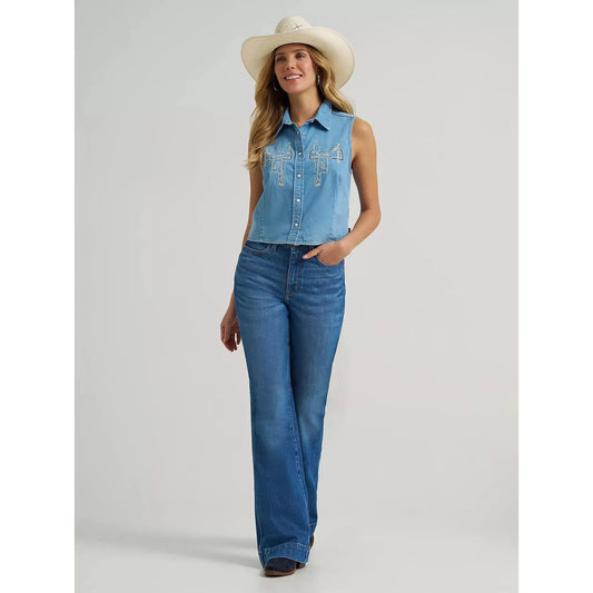 Wrangler Women's Saddle Embroidered Denim Sleeveless Snap Shirt - Light Denim