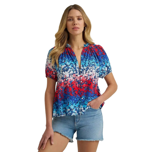 Wrangler® Women's Puff Sleeve Floral Mini Button Blouse - Blue