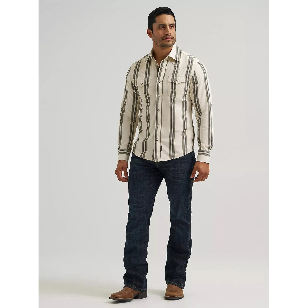 Wrangler Men's Retro Premium Stripe Snap Shirt- Olivine