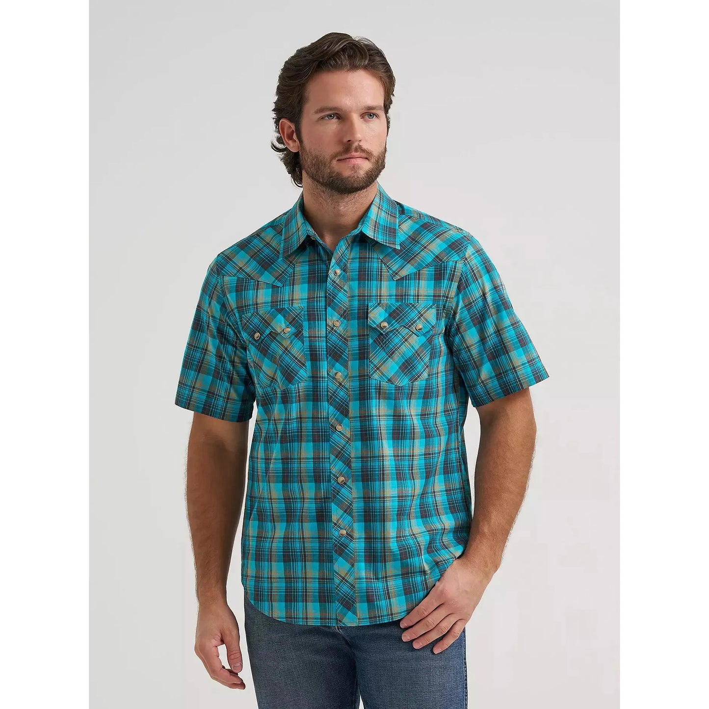 Wrangler Men's Retro Core Short Sleeve Plaid Shirt-Lagoon