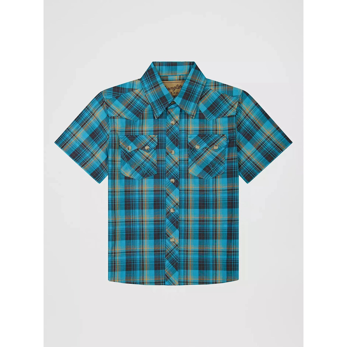 Wrangler Boy's FA26 West Retro Core Short Sleeve Plaid Shirt- Lagoon