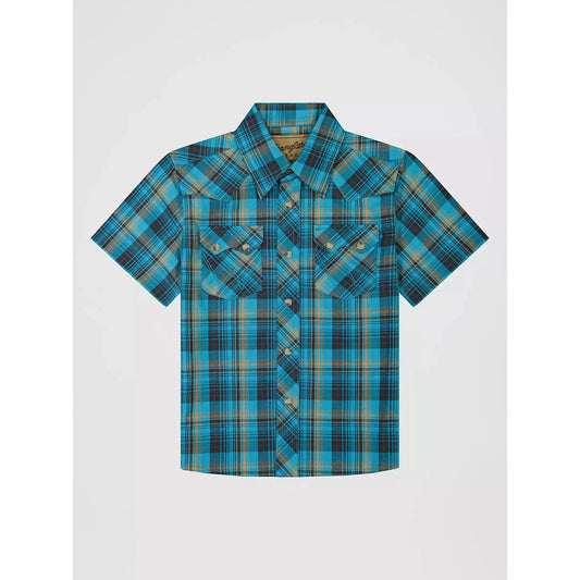 Wrangler Boy's FA26 West Retro Core Short Sleeve Plaid Shirt- Lagoon