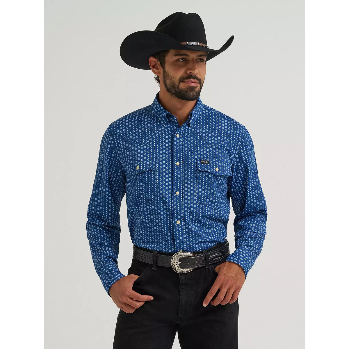 Wrangler Men's All Terrain Gear Technical Checotah LS Print Shirt - Navy