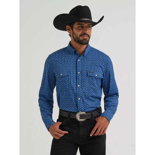 Wrangler Men's All Terrain Gear Technical Checotah LS Print Shirt - Navy