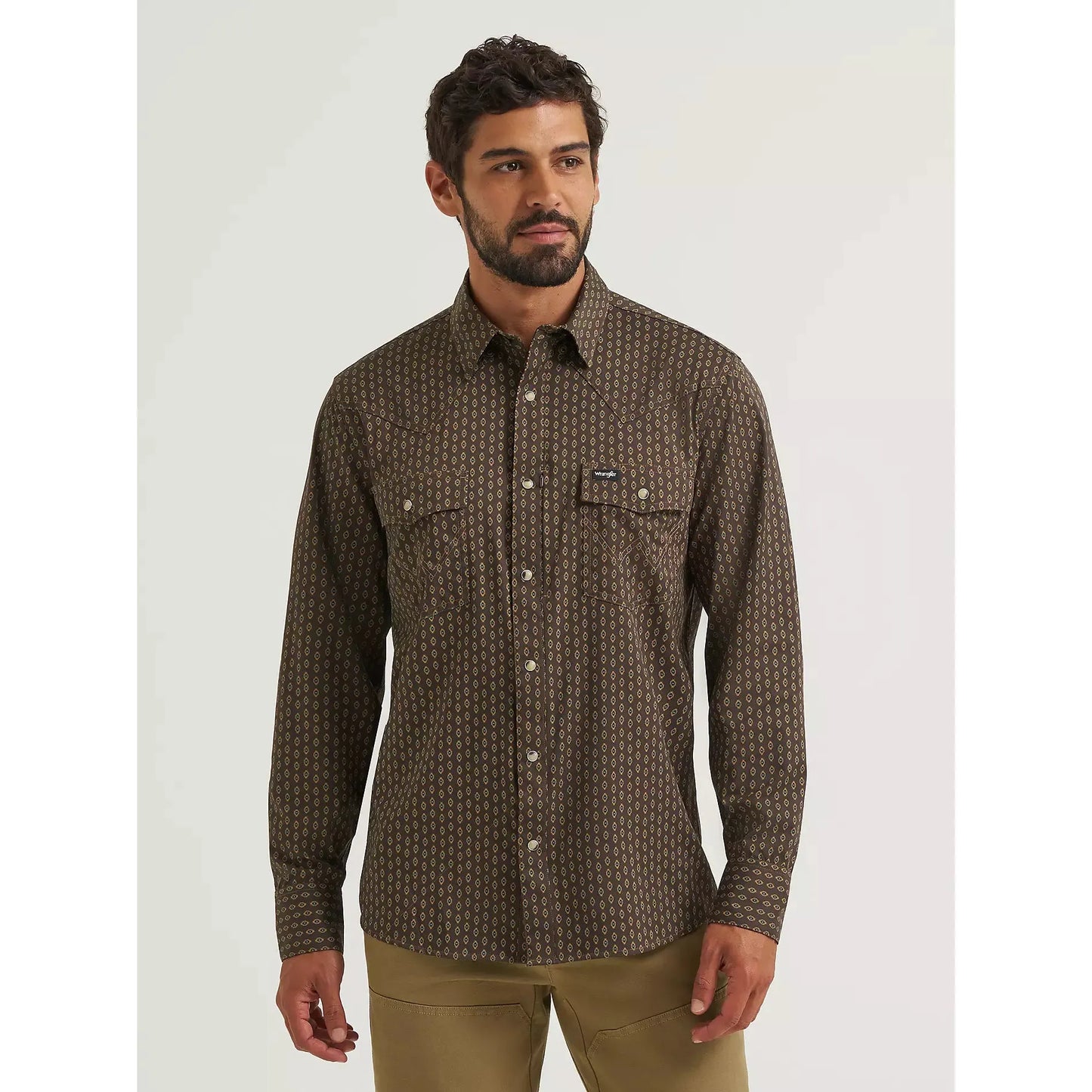 Wrangler Men's All Terrain Gear Technical Checotah LS Print Shirt - Brown