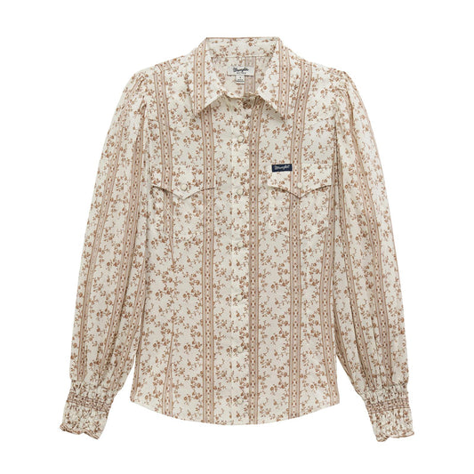 Wrangler Women's Retro Americana Western Puff Sleeve Blouse- White