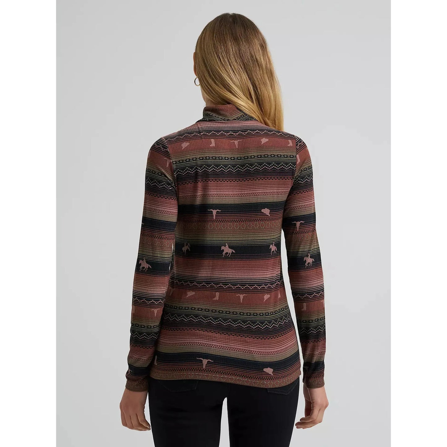 Wrangler Women's Long Sleeve Rambling Ridge Mock Neck Shirt- Brown Stripe