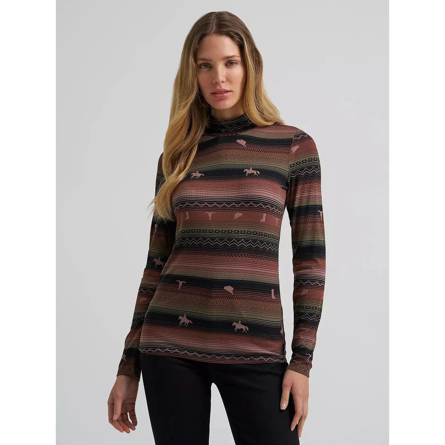 Wrangler Women's Long Sleeve Rambling Ridge Mock Neck Shirt- Brown Stripe