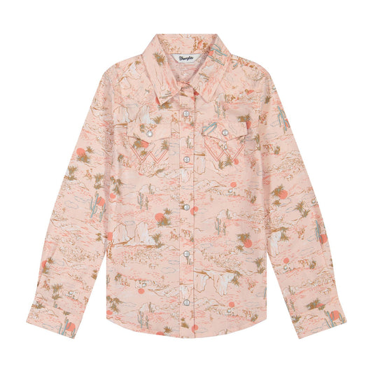 Wrangler Girl's Western Snap Long Sleeve Snap Shirt - Pink