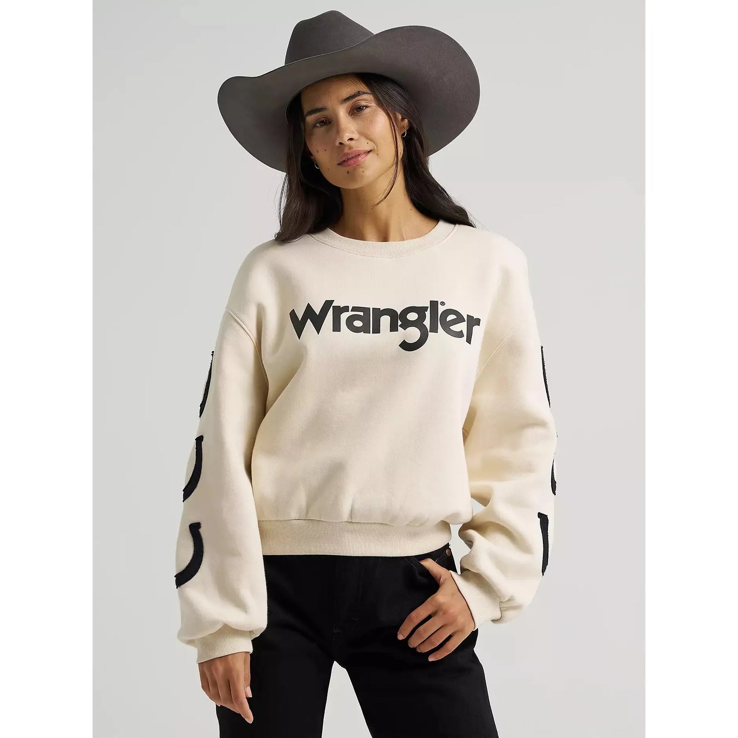Wrangler Women's Lucky Logo Horseshoe Crew Long Sleeve Sweatshirt - White
