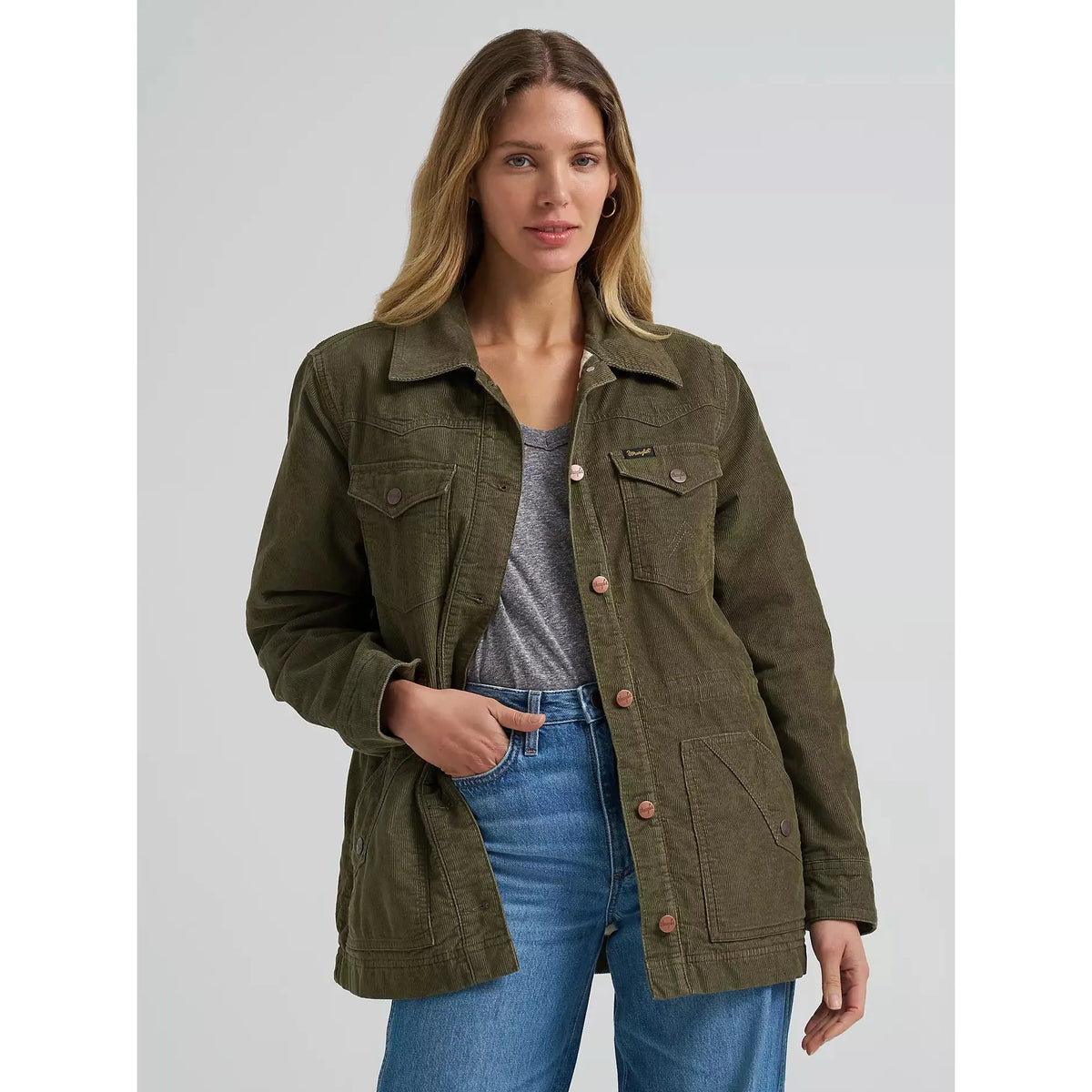 Wrangler Women's Corduroy Quilt Lined Barn Jacket- Green