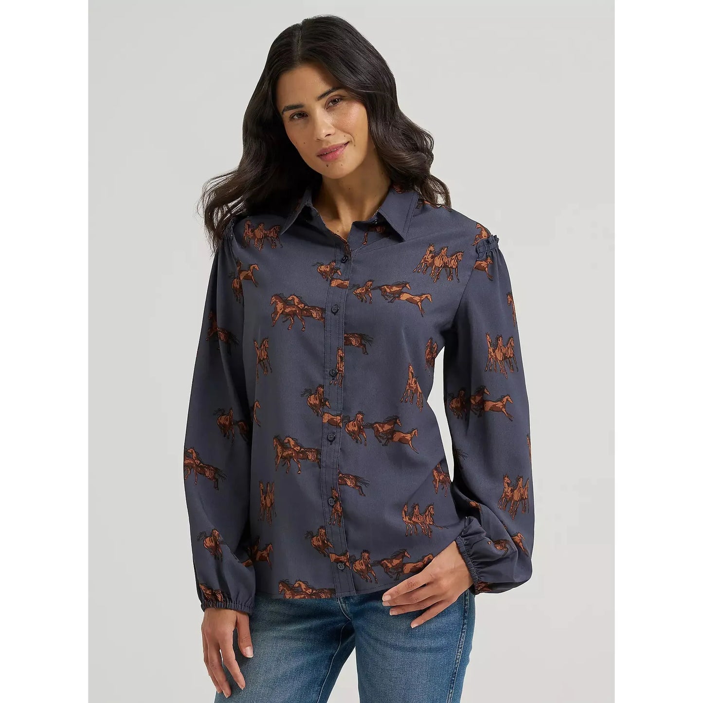 Wrangler Women's Long Sleeve Drapey Sleeve Button Up Shirt- Blue