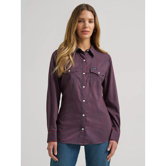 Wrangler Women's Long Sleeve Olivia Western Stripe Snap Shirt - Burgundy